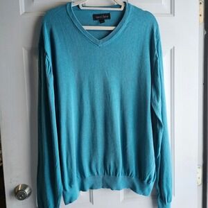 Kenneth‎ Roberts Platinum Mens Teal V Neck Sweater Silk Cotton Blend XL